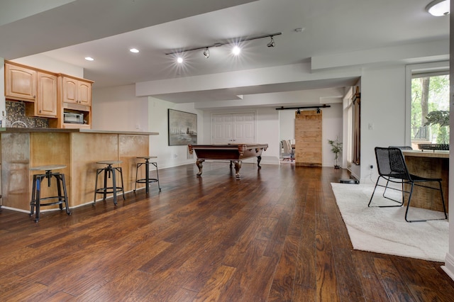 1304 Wakehurst Ct, Lexington, KY 40509 - recreation room featuring a barn door, dark wood-style flooring, billiards, recessed lighting, and baseboards