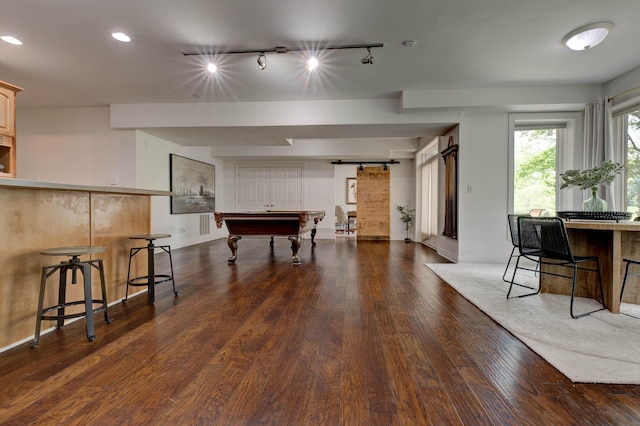 1304 Wakehurst Ct, Lexington, KY 40509 - game room with a barn door, billiards table, wood finished floors, recessed lighting, and baseboards