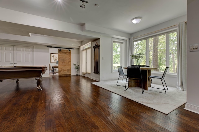 1304 Wakehurst Ct, Lexington, KY 40509 - dining room with a barn door, hardwood / wood-style floors, baseboards, and billiards