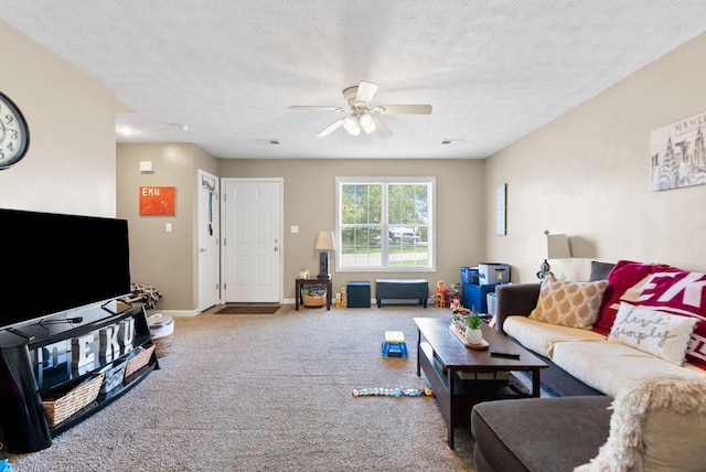 1092 Merrick Dr, Richmond, KY 40475 - living room with carpet, ceiling fan, baseboards, and a textured ceiling