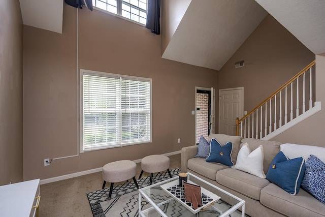 164 Strawberry Fields Rd, Lexington, KY 40516 - living room featuring a high ceiling, carpet flooring, plenty of natural light, baseboards, and stairs