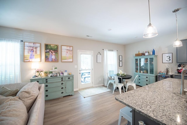 133 Kirkstall Way, Georgetown, KY 40324 - kitchen with light wood-type flooring, light stone counters, hanging light fixtures, open floor plan, and baseboards