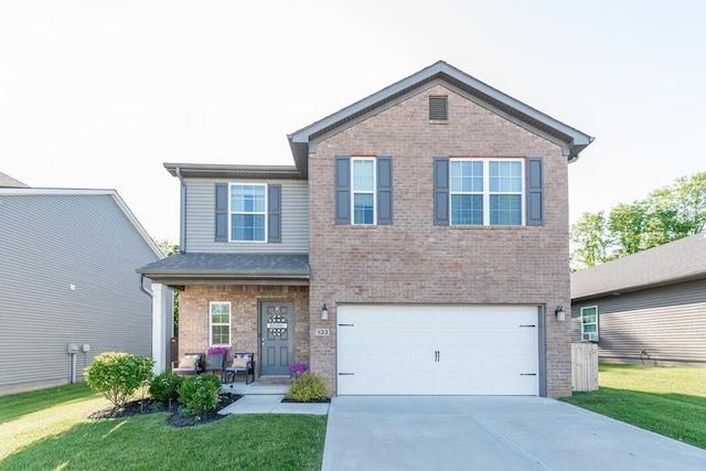 133 Kirkstall Way, Georgetown, KY 40324 - traditional home featuring brick siding, a front yard, concrete driveway, and covered porch