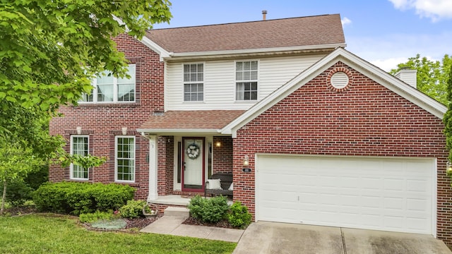 481 Alderbrook Way, Lexington, KY 40515 - traditional-style home with brick siding, concrete driveway, a chimney, an attached garage, and a shingled roof