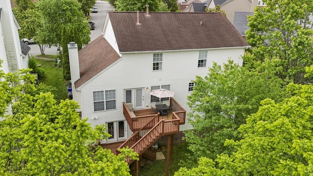 481 Alderbrook Way, Lexington, KY 40515 - rear view of house featuring a chimney, stairway, a shingled roof, and a wooden deck