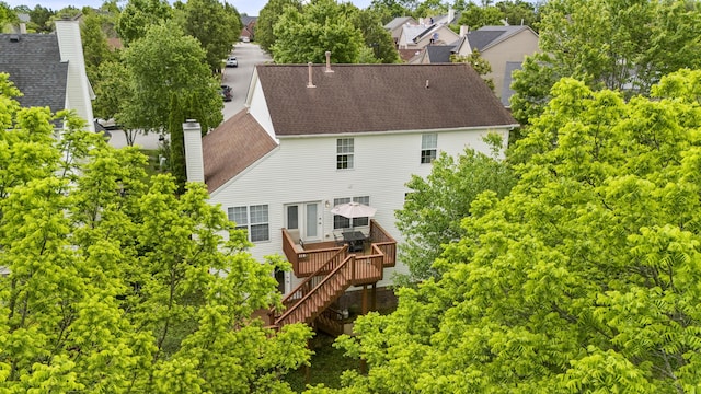 481 Alderbrook Way, Lexington, KY 40515 - back of property with stairs, a chimney, roof with shingles, and a deck