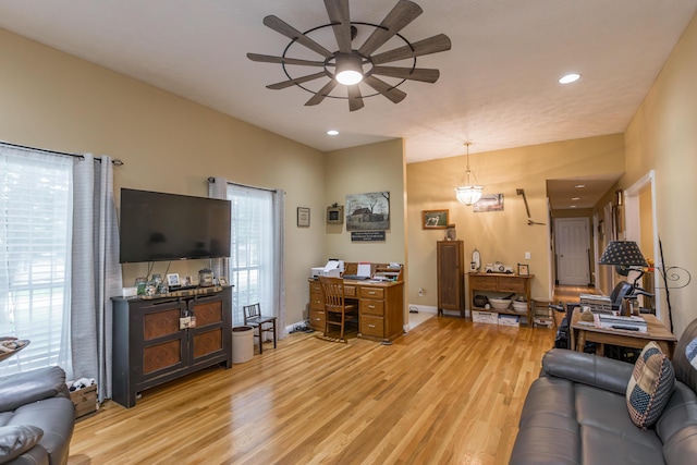 53 Douglas Ave, Stanford, KY 40484 - living area with ceiling fan, light wood-type flooring, recessed lighting, baseboards, and a desk
