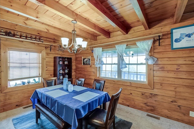 116 Hickory Lick Rd, Richmond, KY 40475 - dining space featuring carpet floors, wooden ceiling with exposed beams, a chandelier, plenty of natural light, and wood walls