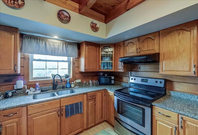 116 Hickory Lick Rd, Richmond, KY 40475 - kitchen with electric range, under cabinet range hood, a sink, black microwave, and wood ceiling with exposed beams