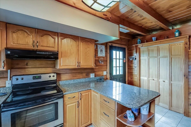 116 Hickory Lick Rd, Richmond, KY 40475 - kitchen featuring stainless steel electric range oven, under cabinet range hood, open shelves, a peninsula, and wooden ceiling with exposed beams