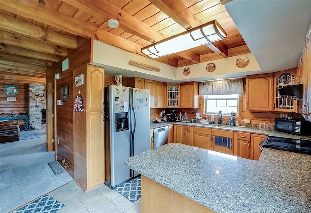 116 Hickory Lick Rd, Richmond, KY 40475 - kitchen featuring stainless steel appliances, wood ceiling with exposed beams, wooden walls, a sink, and glass insert cabinets