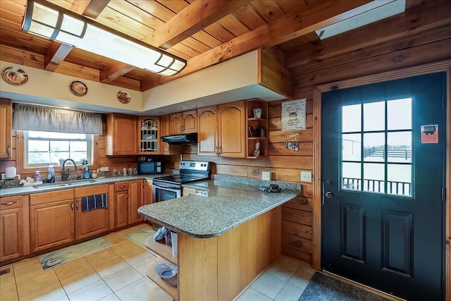 116 Hickory Lick Rd, Richmond, KY 40475 - kitchen with stainless steel electric range oven, open shelves, wooden ceiling with exposed beams, a sink, and under cabinet range hood