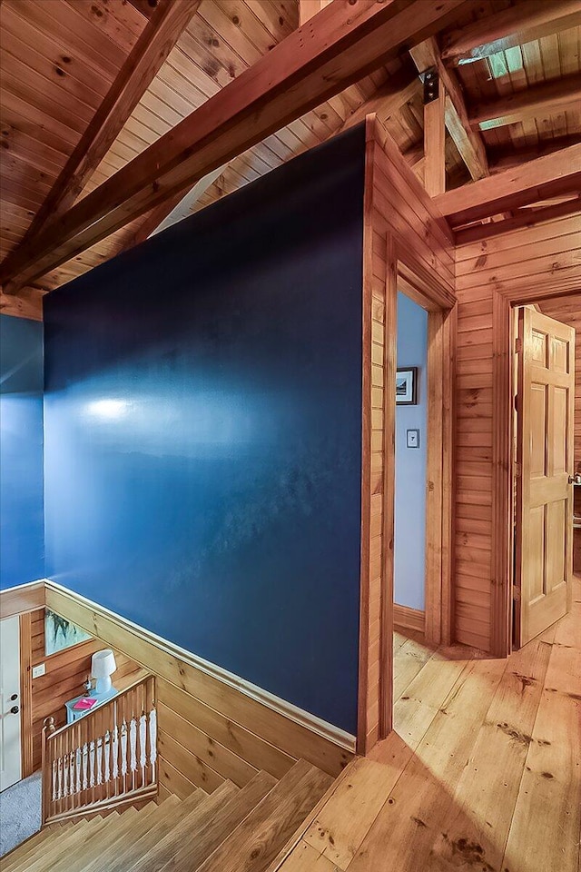 116 Hickory Lick Rd, Richmond, KY 40475 - hall with wood ceiling, wood-type flooring, wooden walls, and baseboards