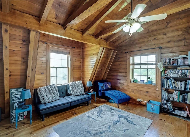 116 Hickory Lick Rd, Richmond, KY 40475 - sitting room with hardwood / wood-style floors, a ceiling fan, wood ceiling, and wooden walls