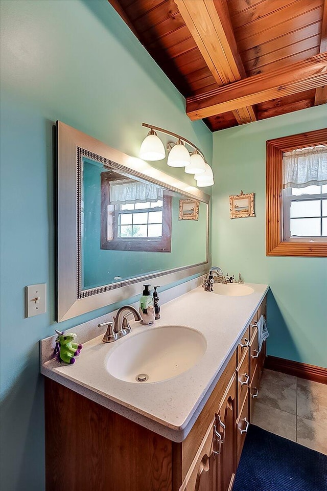 116 Hickory Lick Rd, Richmond, KY 40475 - full bathroom with double vanity, wooden ceiling with exposed beams, plenty of natural light, baseboards, and tile patterned floors
