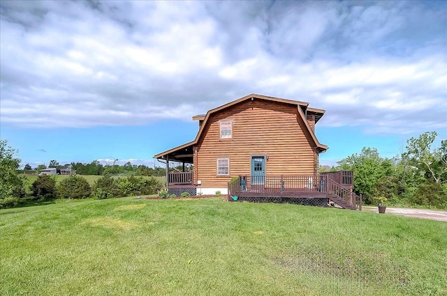 116 Hickory Lick Rd, Richmond, KY 40475 - view of side of property with a lawn, a wooden deck, a gambrel roof, and log exterior