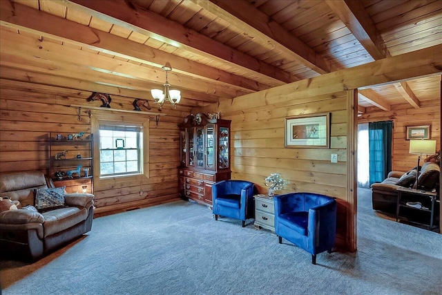 116 Hickory Lick Rd, Richmond, KY 40475 - sitting room featuring carpet, a chandelier, wooden ceiling with exposed beams, and wooden walls