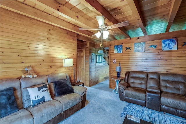 116 Hickory Lick Rd, Richmond, KY 40475 - carpeted living area featuring wood ceiling with exposed beams, wooden walls, and a ceiling fan