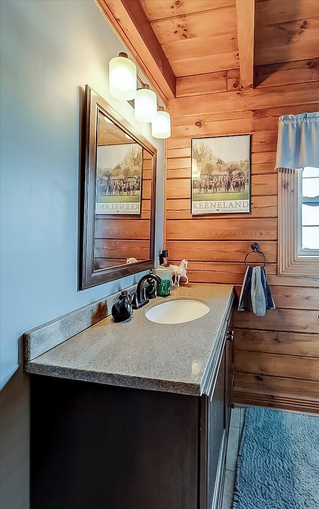 116 Hickory Lick Rd, Richmond, KY 40475 - bathroom with vanity, wooden walls, wooden ceiling, and tile patterned flooring
