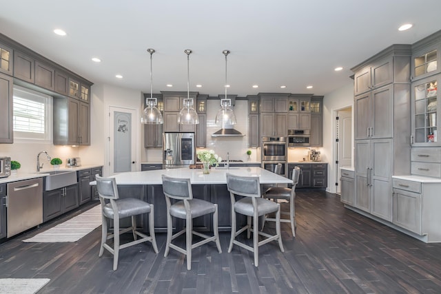 2605 Lucca Pl, Lexington, KY 40509 - kitchen featuring appliances with stainless steel finishes, a sink, dark wood-style floors, an island with sink, and recessed lighting