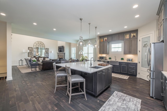 2605 Lucca Pl, Lexington, KY 40509 - kitchen featuring freestanding refrigerator, a sink, dark wood finished floors, light countertops, and glass insert cabinets