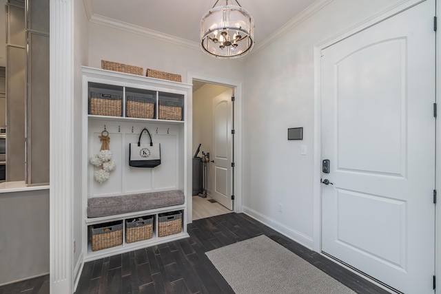 2605 Lucca Pl, Lexington, KY 40509 - mudroom with a chandelier, baseboards, dark wood finished floors, and crown molding