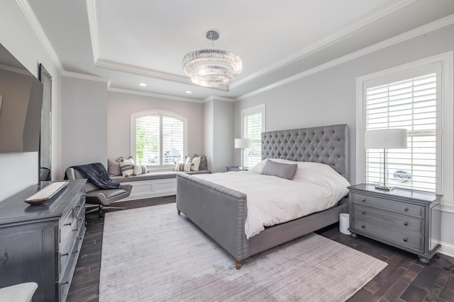 2605 Lucca Pl, Lexington, KY 40509 - bedroom featuring dark wood-type flooring, a raised ceiling, a chandelier, recessed lighting, and crown molding