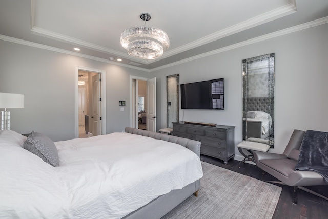 2605 Lucca Pl, Lexington, KY 40509 - bedroom featuring a raised ceiling, dark wood-style floors, a chandelier, recessed lighting, and ornamental molding