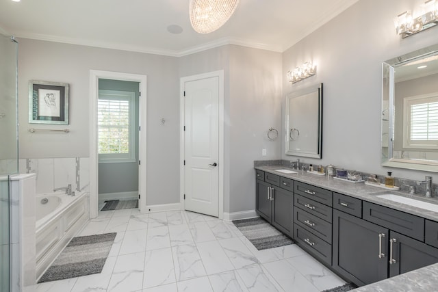 2605 Lucca Pl, Lexington, KY 40509 - bathroom with double vanity, a bath, plenty of natural light, crown molding, and marble look tile flooring