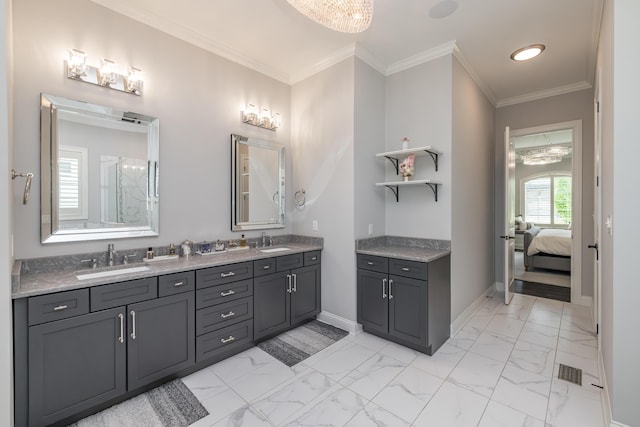 2605 Lucca Pl, Lexington, KY 40509 - ensuite bathroom with double vanity, marble finish floors, baseboards, and crown molding
