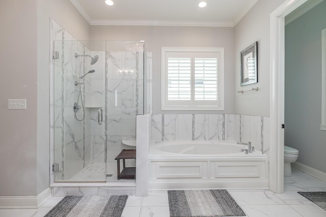 2605 Lucca Pl, Lexington, KY 40509 - bathroom featuring a bath, toilet, marble look tiles, a marble finish shower, and recessed lighting
