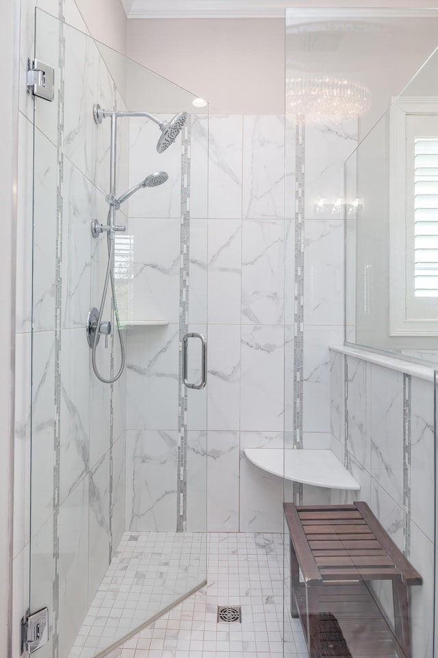 2605 Lucca Pl, Lexington, KY 40509 - full bathroom with a marble finish shower, tile walls, and crown molding
