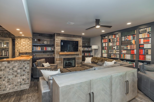 2605 Lucca Pl, Lexington, KY 40509 - living room featuring wood finished floors, ceiling fan, a fireplace, and recessed lighting