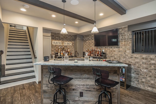 2605 Lucca Pl, Lexington, KY 40509 - indoor wet bar featuring stairs, beam ceiling, dark wood finished floors, hanging light fixtures, and recessed lighting