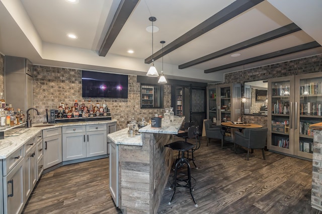 2605 Lucca Pl, Lexington, KY 40509 - indoor wet bar featuring dark wood-style floors, beam ceiling, hanging light fixtures, and recessed lighting