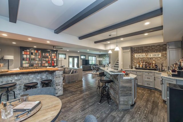 2605 Lucca Pl, Lexington, KY 40509 - indoor wet bar with dark wood-type flooring, beam ceiling, pendant lighting, recessed lighting, and ceiling fan