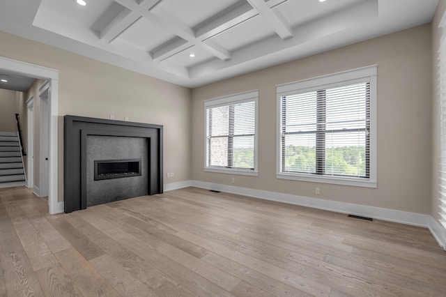 1408 Champion Way, Richmond, KY 40475 - unfurnished living room with coffered ceiling, light wood finished floors, beam ceiling, stairs, and baseboards