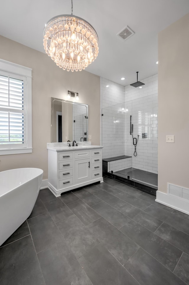 1408 Champion Way, Richmond, KY 40475 - bathroom with a stall shower, vanity, a chandelier, a freestanding tub, and tile patterned flooring