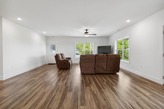 160 Claylick Church Rd, Salvisa, KY 40372 - living room featuring plenty of natural light, a ceiling fan, wood finished floors, and recessed lighting