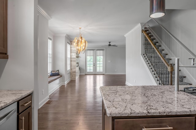 2131 Patchen Lake Ln, Lexington, KY 40505 - kitchen featuring ornamental molding, a ceiling fan, dark wood-style floors, baseboards, and a chandelier