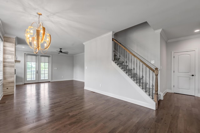 2131 Patchen Lake Ln, Lexington, KY 40505 - unfurnished living room with a chandelier, dark wood-style flooring, stairs, ornamental molding, and a ceiling fan