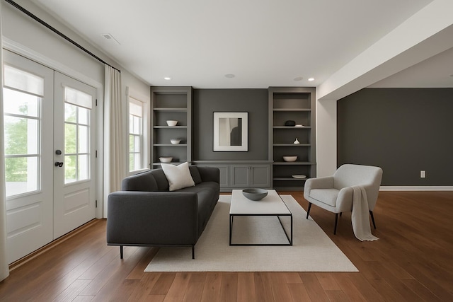 2131 Patchen Lake Ln, Lexington, KY 40505 - living room with french doors, wood finished floors, built in features, baseboards, and recessed lighting
