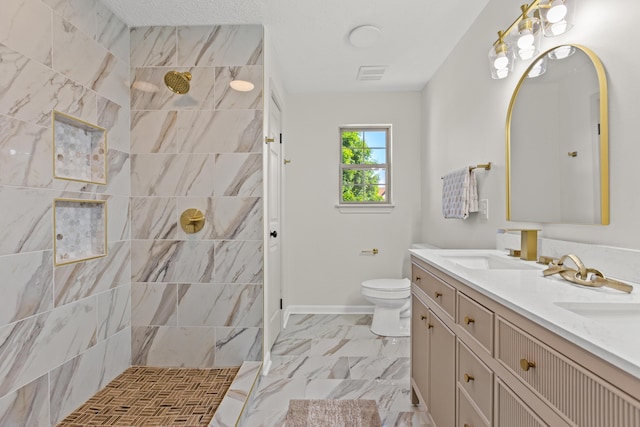 3261 Royal Troon Rd, Lexington, KY 40509 - full bathroom featuring double vanity, a walk in shower, toilet, baseboards, and marble finish flooring