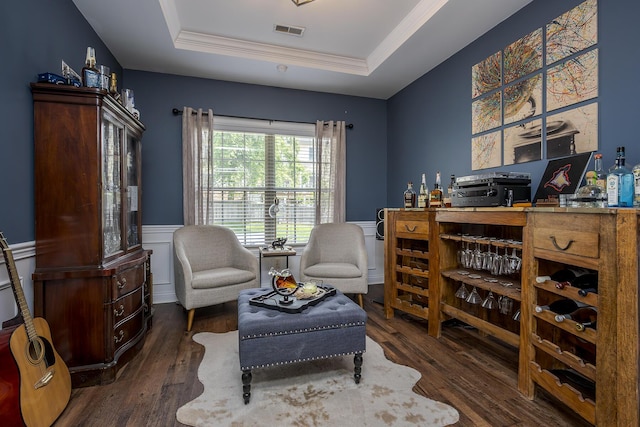 3789 Ridge View Way, Lexington, KY 40509 - living area with a tray ceiling, wainscoting, wood finished floors, and crown molding