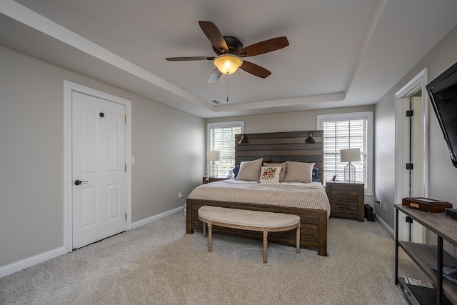 3789 Ridge View Way, Lexington, KY 40509 - bedroom featuring a raised ceiling, light carpet, baseboards, and ceiling fan