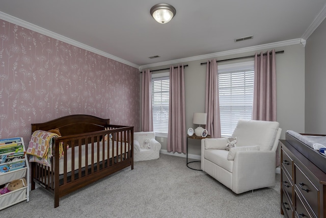 3789 Ridge View Way, Lexington, KY 40509 - carpeted bedroom featuring ornamental molding, a nursery area, baseboards, and wallpapered walls