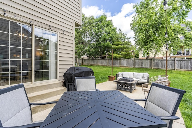 3789 Ridge View Way, Lexington, KY 40509 - wooden terrace featuring outdoor dining area, grilling area, a patio, and an outdoor living space with a fire pit