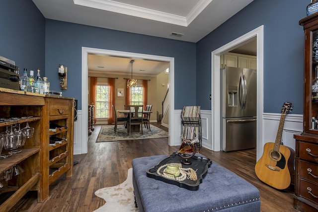 3789 Ridge View Way, Lexington, KY 40509 - living area featuring ornamental molding, dark wood-style floors, wainscoting, and a tray ceiling