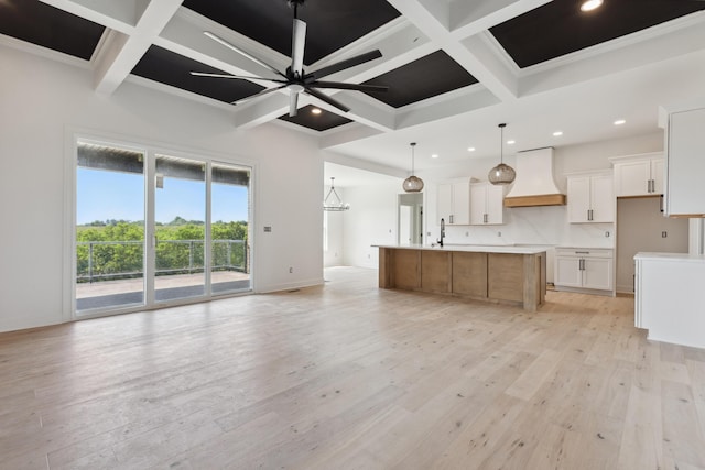 4252 Equestrian Way, Richmond, KY 40475 - kitchen with custom exhaust hood, coffered ceiling, ceiling fan, crown molding, and beamed ceiling