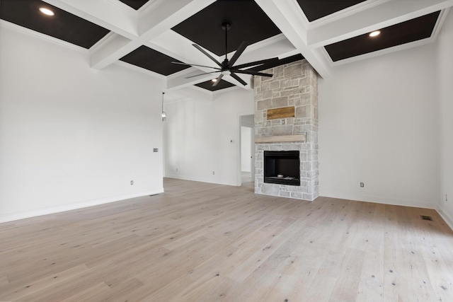 4252 Equestrian Way, Richmond, KY 40475 - unfurnished living room featuring coffered ceiling, beamed ceiling, ceiling fan, light wood-style floors, and a fireplace